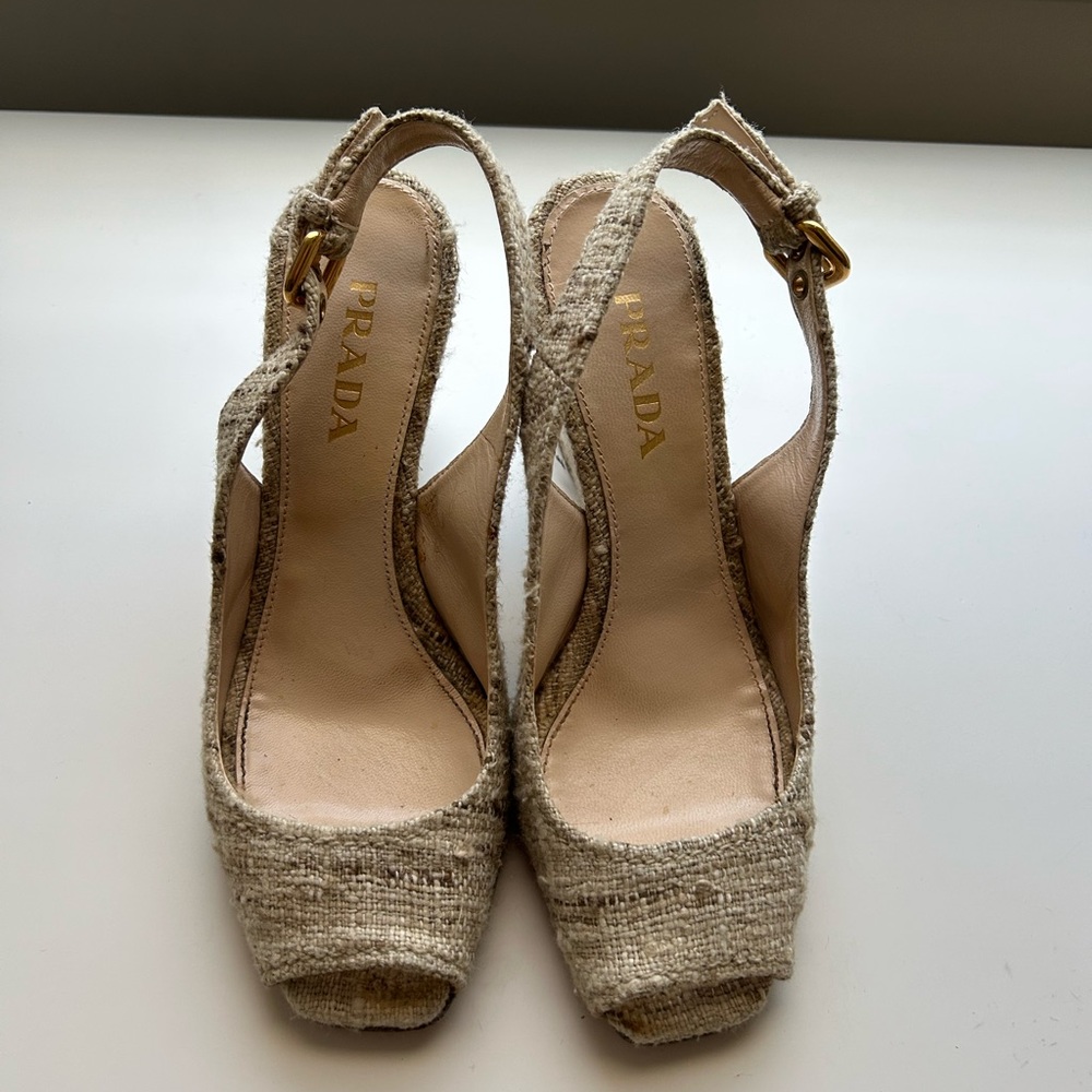 Prada Beige Tweed Peep-Toe Slingback Wedge